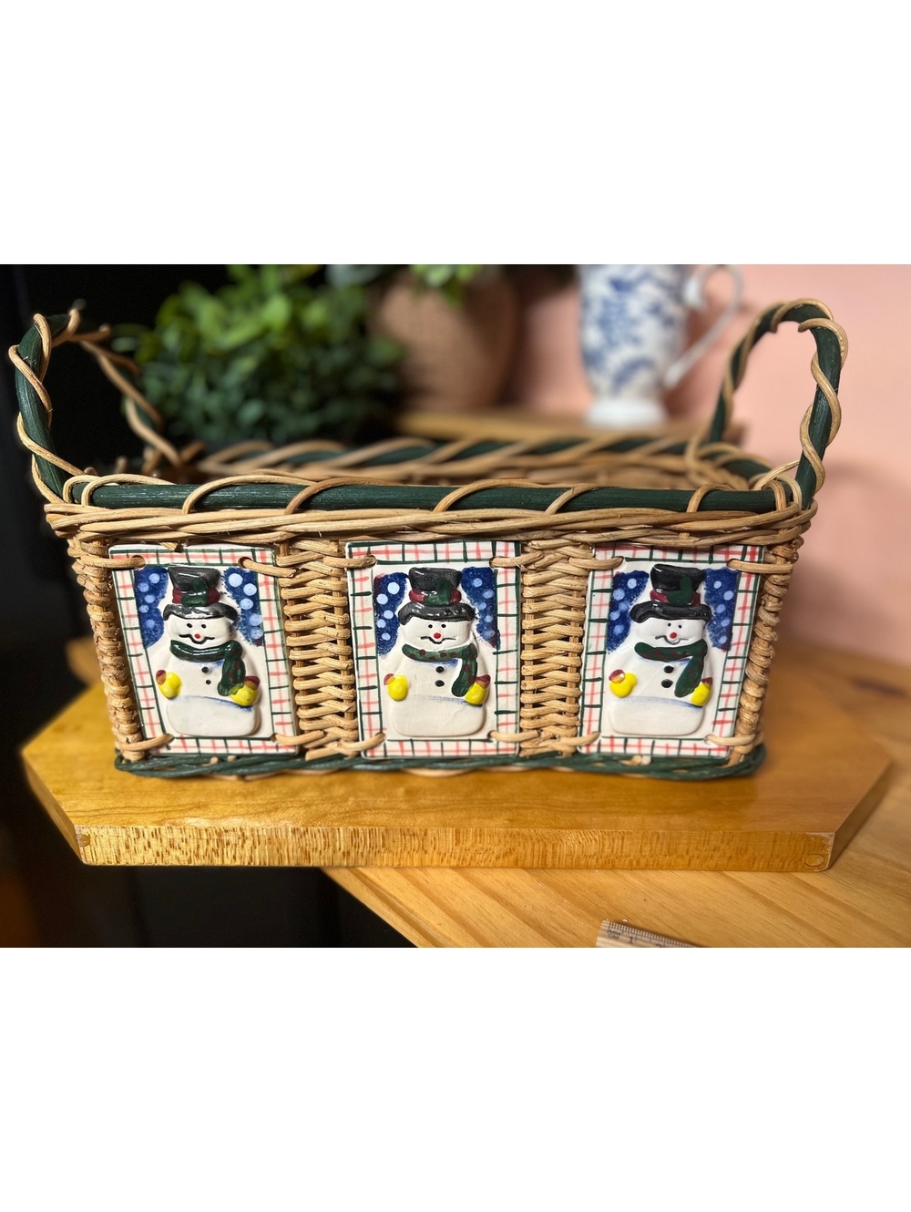 Wicker Rectangular Basket with Snowmen